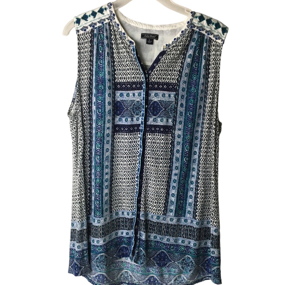 Lucky Brand Blue Multicolored/Patterned Sleeveless Button Down Tank Size L Boho